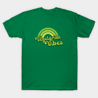 Vegetarian T-Shirt - Vegan Vibes Retro Rainbow Green by Jitterfly